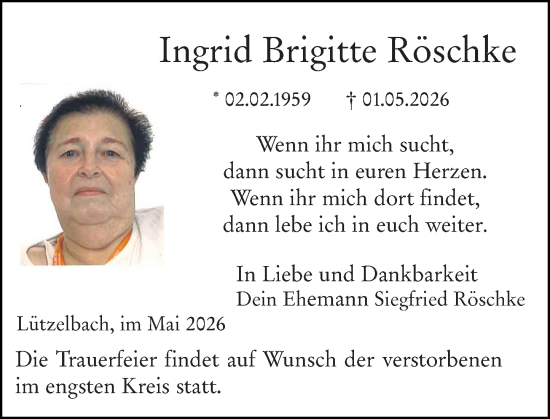 Traueranzeige von Ingrid Brigitte Röschke von Odenwälder Echo