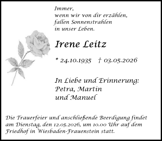 Traueranzeige von Irene Leitz von Wiesbadener Kurier