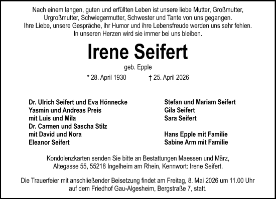 Traueranzeige von Irene Seifert von Allgemeine Zeitung Rheinhessen-Nahe