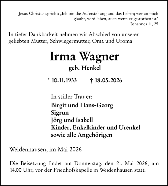 Traueranzeige von Irma Wagner von Hinterländer Anzeiger