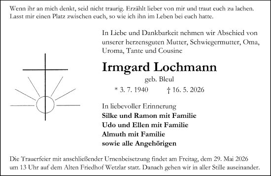 Traueranzeige von Irmgard Lochmann von Wetzlarer Neue Zeitung