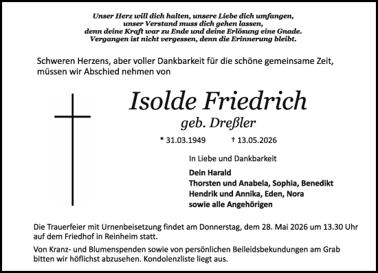 Traueranzeige von Isolde Friedrich von Darmstädter Echo