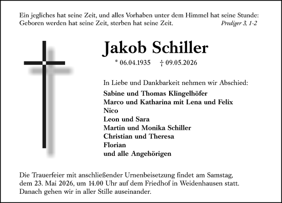 Traueranzeige von Jakob Schiller von Hinterländer Anzeiger
