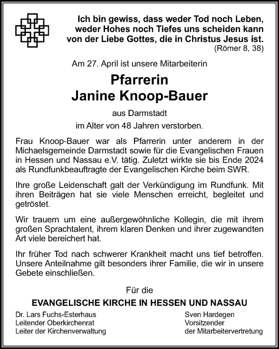 Traueranzeige von Janine Knoop-Bauer von Darmstädter Echo