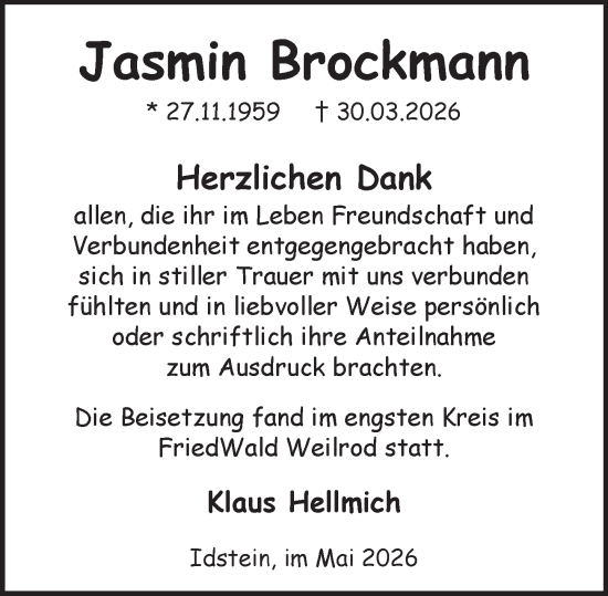 Traueranzeige von Jasmin Brockmann von Idsteiner Land/Untertaunus