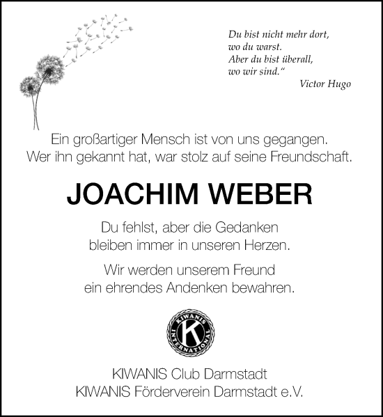 Traueranzeige von Joachim Weber von Darmstädter Echo