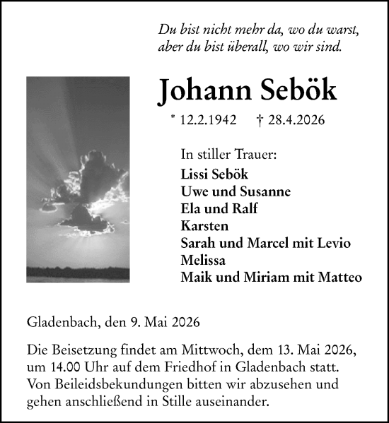 Traueranzeige von Johann Sebök von Hinterländer Anzeiger