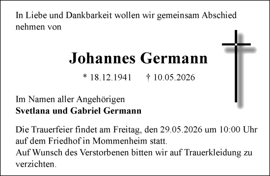 Traueranzeige von Johannes Germann von Allgemeine Zeitung Mainz