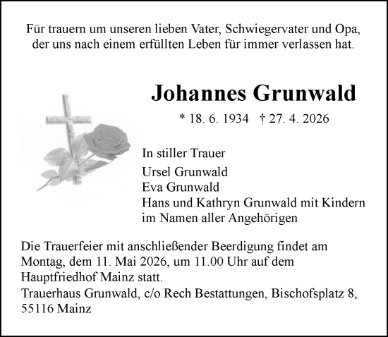 Traueranzeige von Johannes Grunwald von Allgemeine Zeitung Mainz