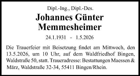 Traueranzeige von Johannes Günter Memmesheimer von Allgemeine Zeitung Rheinhessen-Nahe