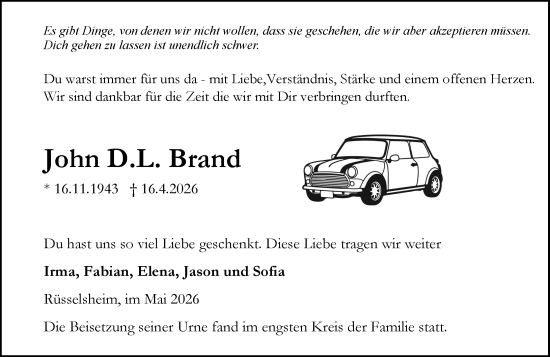 Traueranzeige von John D. L. Brand von Rüsselsheimer Echo