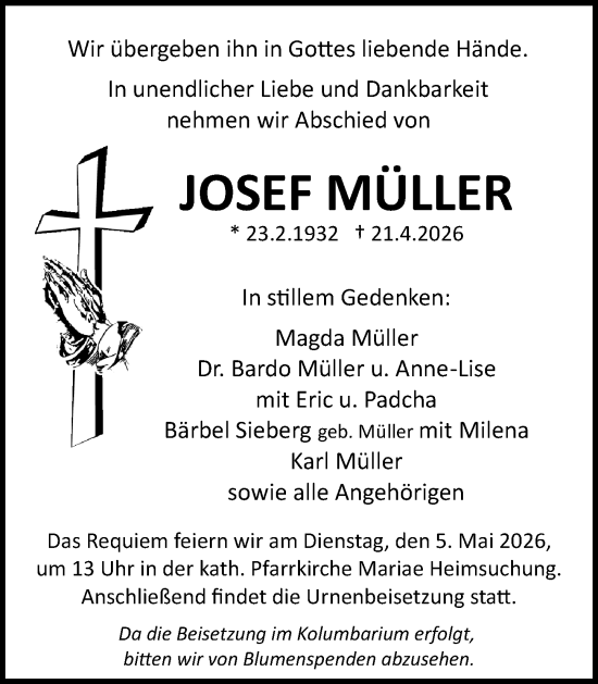 Traueranzeige von Josef Müller von Allgemeine Zeitung Mainz