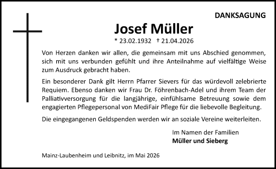 Traueranzeige von Josef Müller von Allgemeine Zeitung Mainz