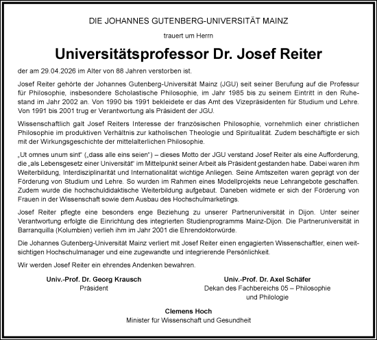 Traueranzeige von Josef Reiter von Allgemeine Zeitung Mainz