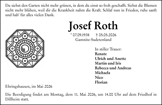 Traueranzeige von Josef Roth von Wetzlarer Neue Zeitung