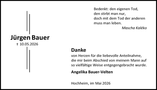 Traueranzeige von Jürgen Bauer von Hochheimer Zeitung