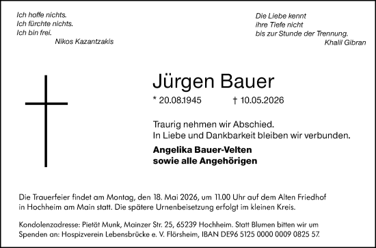 Traueranzeige von Jürgen Bauer von Allgemeine Zeitung Mainz