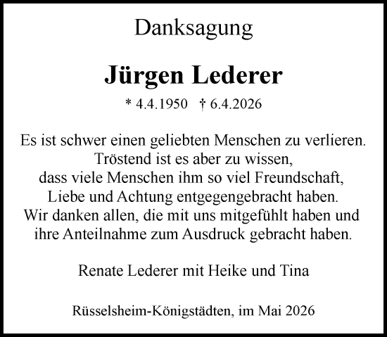 Traueranzeige von Jürgen Lederer von Rüsselsheimer Echo