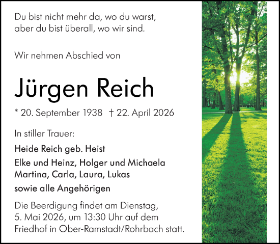 Traueranzeige von Jürgen Reich von Darmstädter Echo