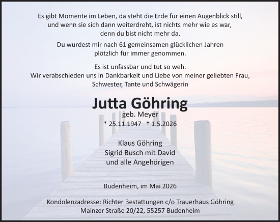 Traueranzeige von Jutta Göhring von Allgemeine Zeitung Mainz