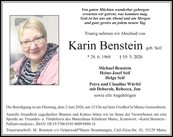 Traueranzeige von Karin Benstein von Allgemeine Zeitung Mainz