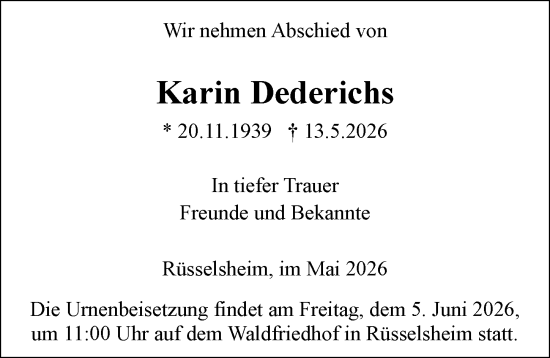 Traueranzeige von Karin Dederichs von Rüsselsheimer Echo