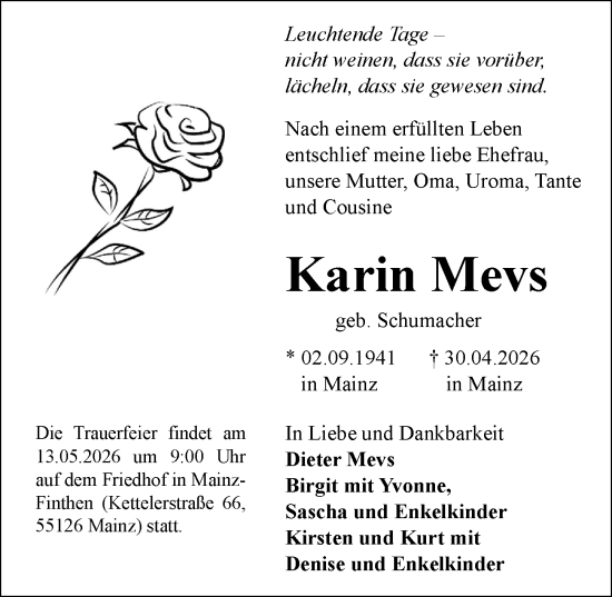 Traueranzeige von Karin Mevs von Wiesbadener Kurier