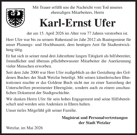Traueranzeige von Karl-Ernst Ufer von Wetzlarer Neue Zeitung