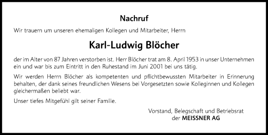 Traueranzeige von Karl-Ludwig Blöcher von Hinterländer Anzeiger