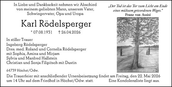 Traueranzeige von Karl Rödelsperger von Odenwälder Echo