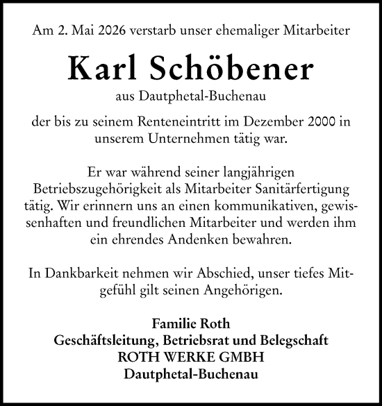 Traueranzeige von Karl Schöbener von Hinterländer Anzeiger