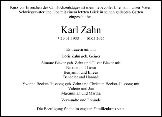 Traueranzeige von Karl Zahn von Allgemeine Zeitung Mainz