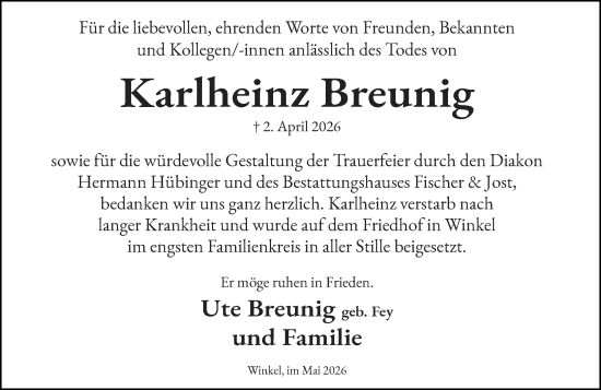 Traueranzeige von Karlheinz Breunig von Wiesbadener Kurier