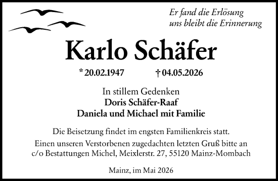 Traueranzeige von Karlo Schäfer von Allgemeine Zeitung Mainz