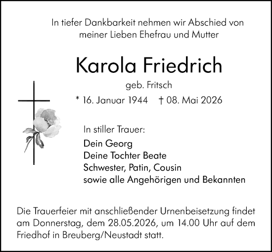 Traueranzeige von Karola Friedrich von Odenwälder Echo