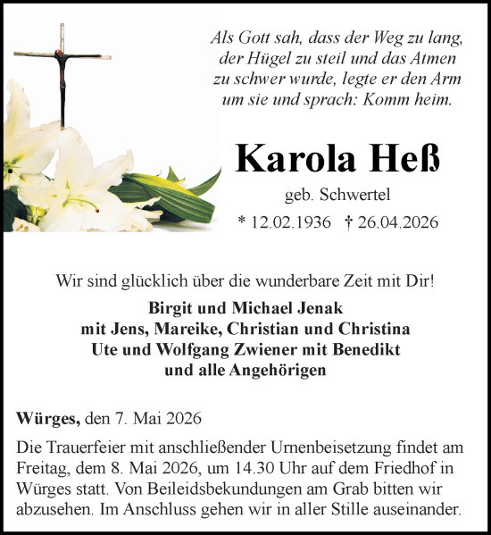 Traueranzeige von Karola Heß von Camberger Anzeiger
