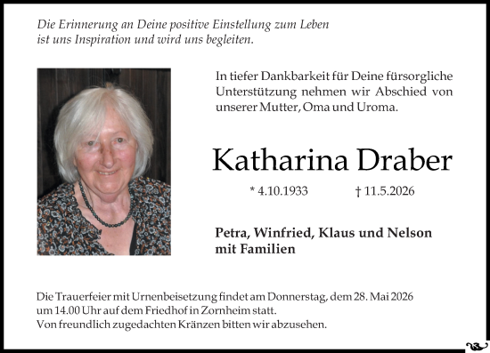 Traueranzeige von Katharina Draber von Allgemeine Zeitung Mainz