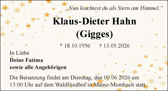 Traueranzeige von Klaus-Dieter Hahn von Allgemeine Zeitung Mainz