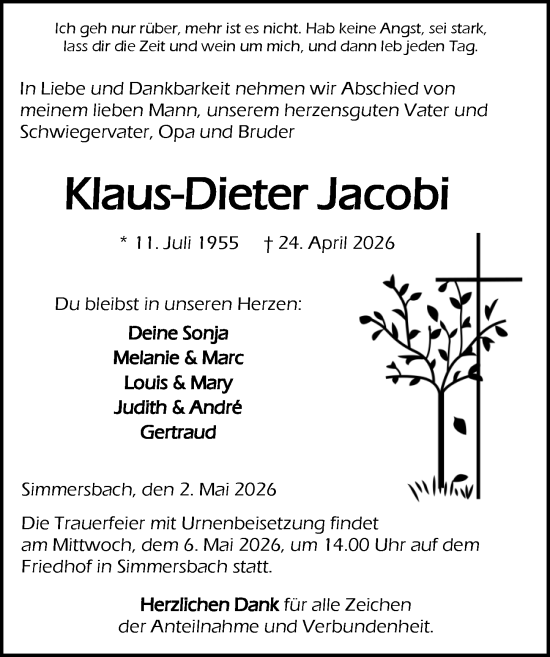 Traueranzeige von Klaus-Dieter Jacobi von Dill Block