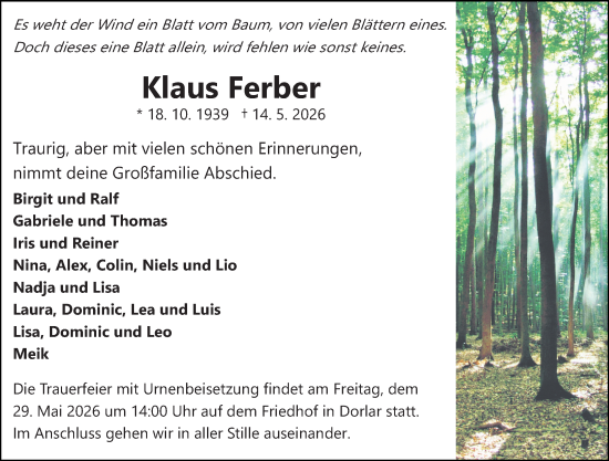 Traueranzeige von Klaus Ferber von Wetzlarer Neue Zeitung