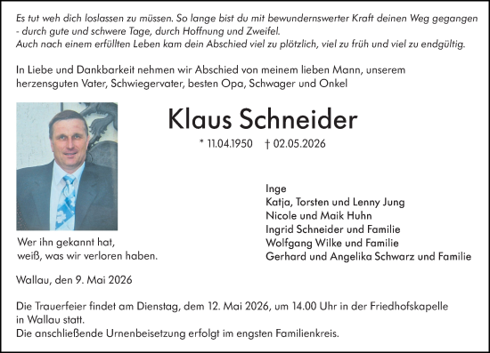 Traueranzeige von Klaus Schneider von Hinterländer Anzeiger