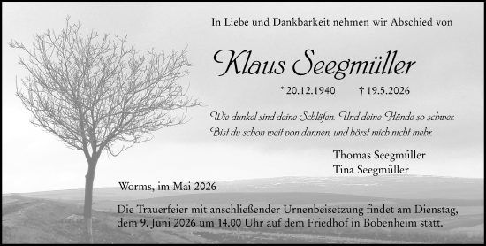 Traueranzeige von Klaus Seegmüller von Wormser Zeitung