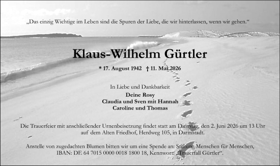 Traueranzeige von Klaus-Wilhelm Gürtler von Darmstädter Echo