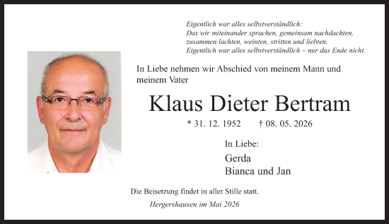 Traueranzeige von Klaus Dieter Bertram von Darmstädter Echo