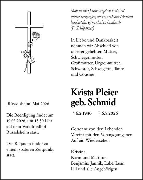 Traueranzeige von Krista Pleier von Rüsselsheimer Echo