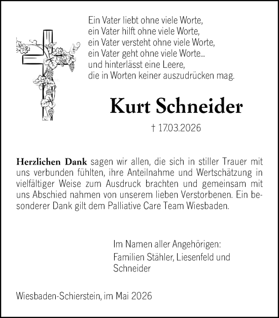 Traueranzeige von Kurt Schneider von Wiesbadener Kurier