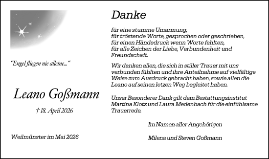 Traueranzeige von Leano Goßmann von Weilburger Tageblatt