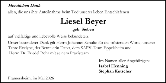 Traueranzeige von Liesel Beyer von Allgemeine Zeitung Alzey