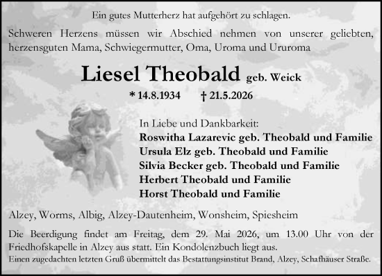 Traueranzeige von Liesel Theobald von Allgemeine Zeitung Alzey
