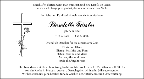 Traueranzeige von Lieselotte Förster von Wetzlarer Neue Zeitung